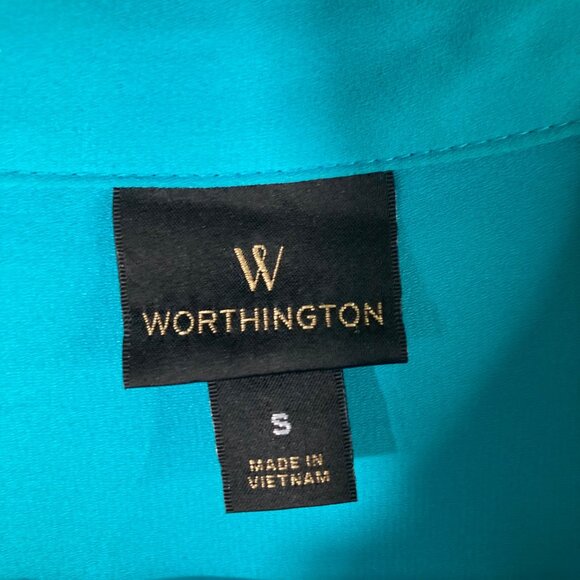 Worthington V Neck Button Shirt Turquoise S Polyester Hidden Button Placket - Picture 7 of 9